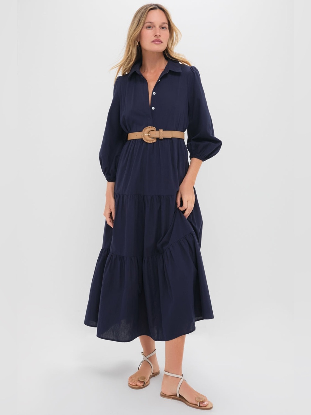 Pomander Place Mabel 100% Cotton Puff Sleeve Midi Maxi Dress, Navy Blue, Size M